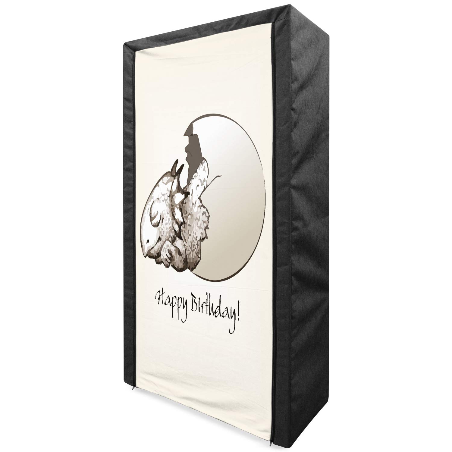 Ambesonne Dinosaur Themed Portable Fabric Wardrobe - Happy Birthday Dinosaur Sleeping in Cracked Egg Design - 33.5 Inch Clothing Organizer with Shelves - Eggshell Tan - Perfect for Kids' Room, Birthday Gifts & Nursery Storage