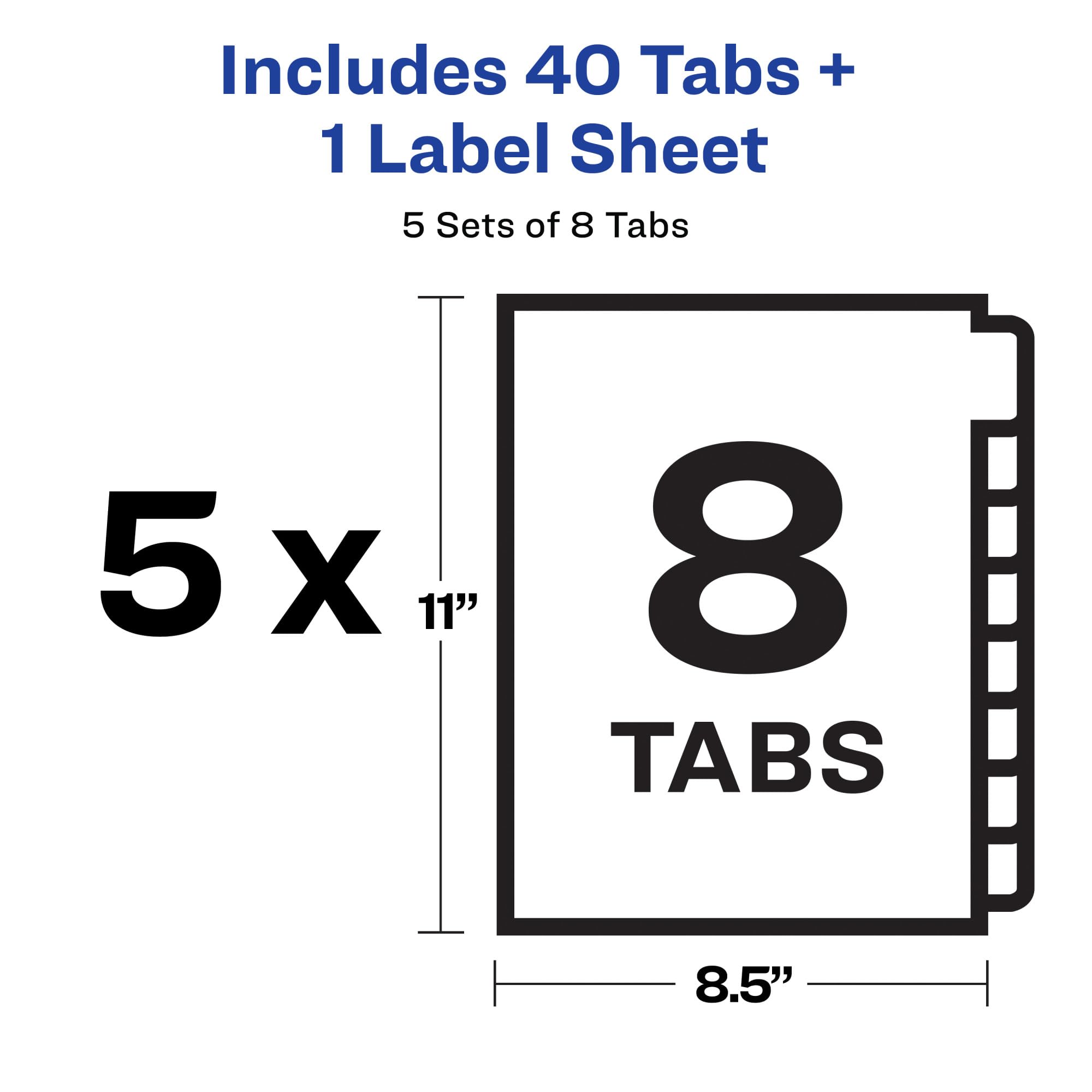 Avery 8-Tab Dividers for 3-Ring Binder - Printable Clear Label Strips, Customizable Multicolor Index Tabs, 5 Sets (11419) - Perfect for Office Organization, School Binders & Document Filing