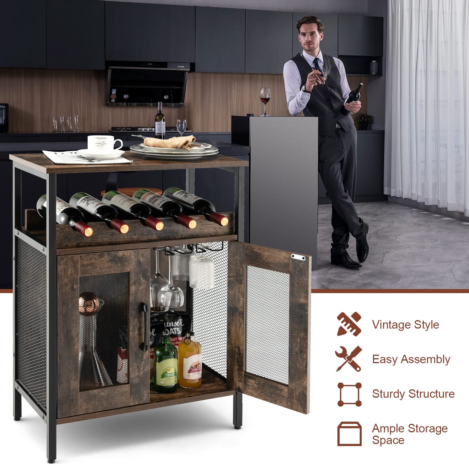 Industrial Wine Bar Cabinet with Detachable Rack & Glass Holder - Metal Mesh Door Coffee Bar Sideboard for Kitchen, Living Room | Perfect for Entertaining, Dining Storage & Home Decor