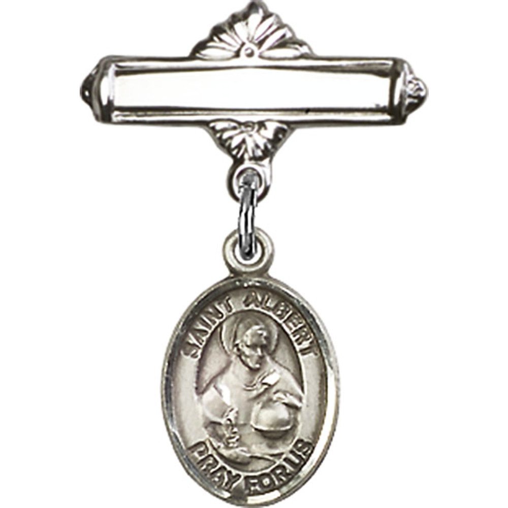 St. Albert the Great Sterling Silver Baby Badge - 1 X 5/8 Inch Polished Charm with Secure Pin - Perfect for Christening Gifts, Baptism Jewelry & First Communion Keepsakes