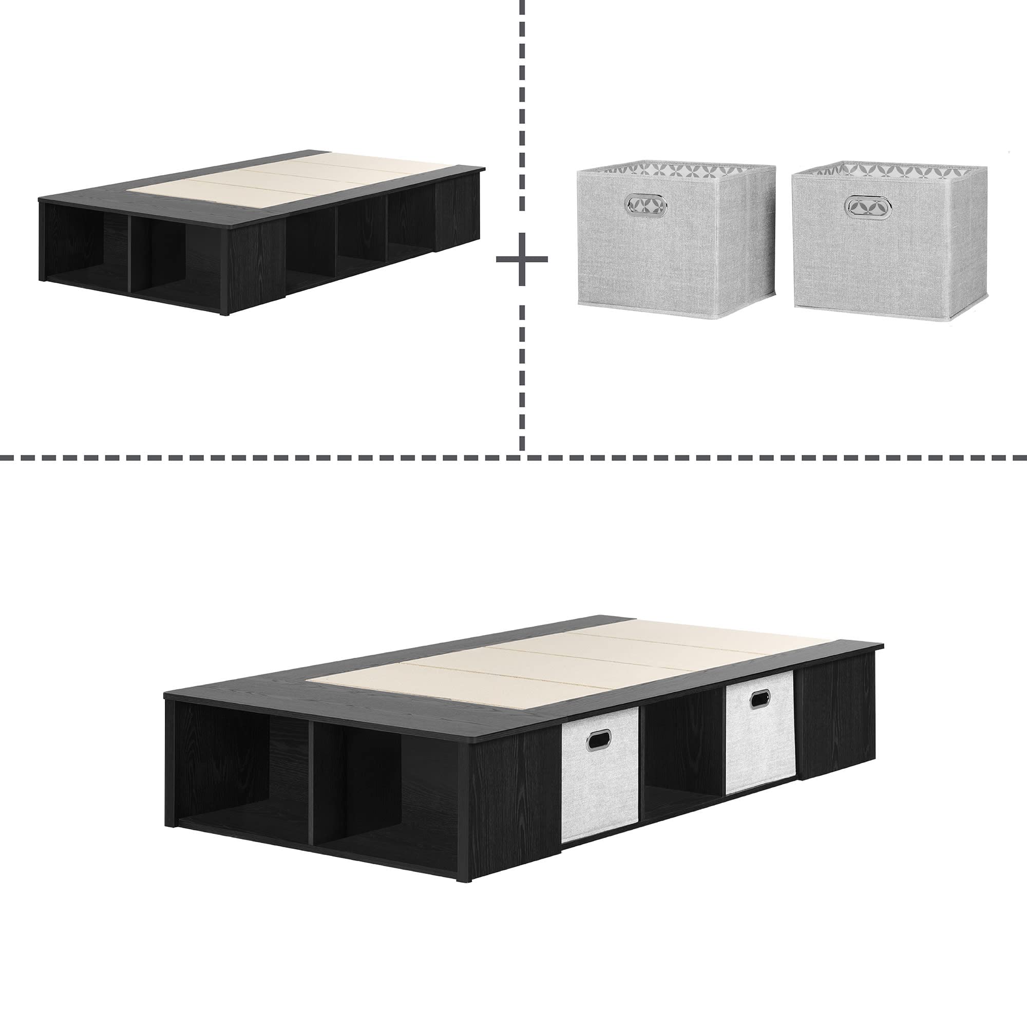 South Shore Flexible Twin Bed Frame with Storage Baskets, Modern Platform Bed in Black Oak & Taupe - Perfect for Small Bedrooms, Kids' Rooms & Guest Rooms