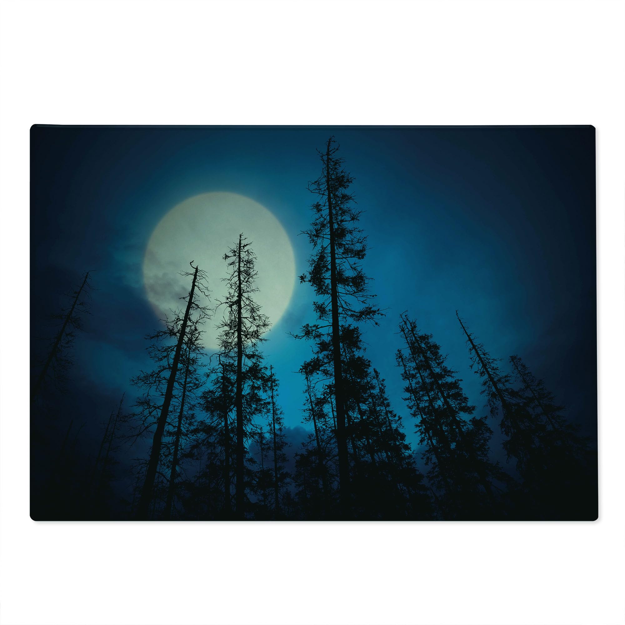 Ambesonne Dark Blue Tempered Glass Cutting Board - Spooky Mysterious Forest with Tall Trees & Full Moon Design - Large Decorative Serving Board for Kitchen & Dining - Perfect for Halloween Parties, Gifts & Home Decor