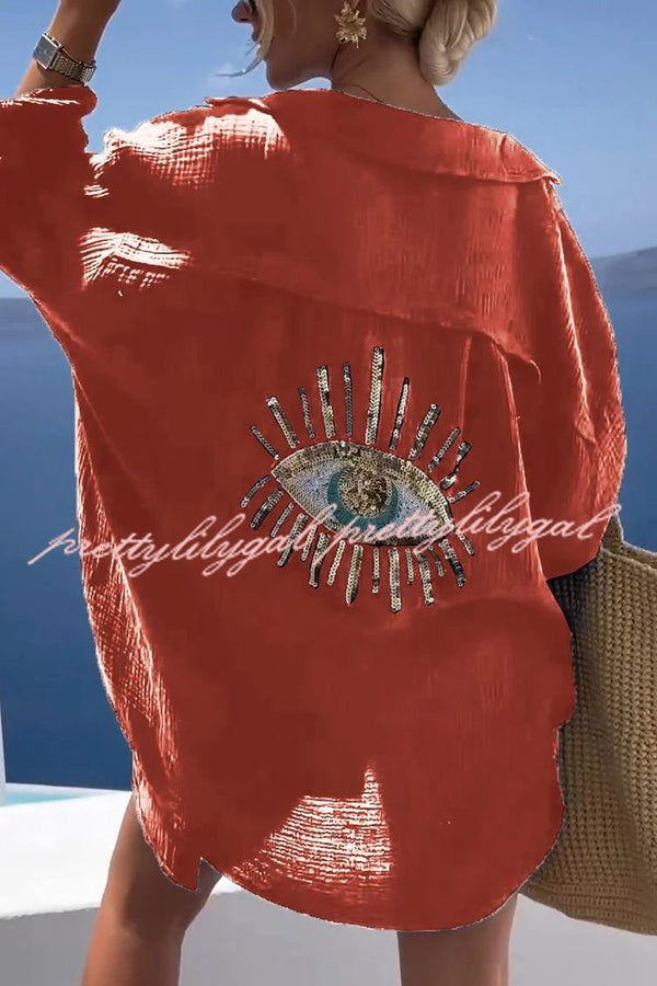 Summer Breeze Linen Blend Sequin Magic Eye Design Oversized Relax Shirt for Women | Boho Chic Beach Cover Up | Casual Loose Fit Blouse for Vacation, Party & Date Night
