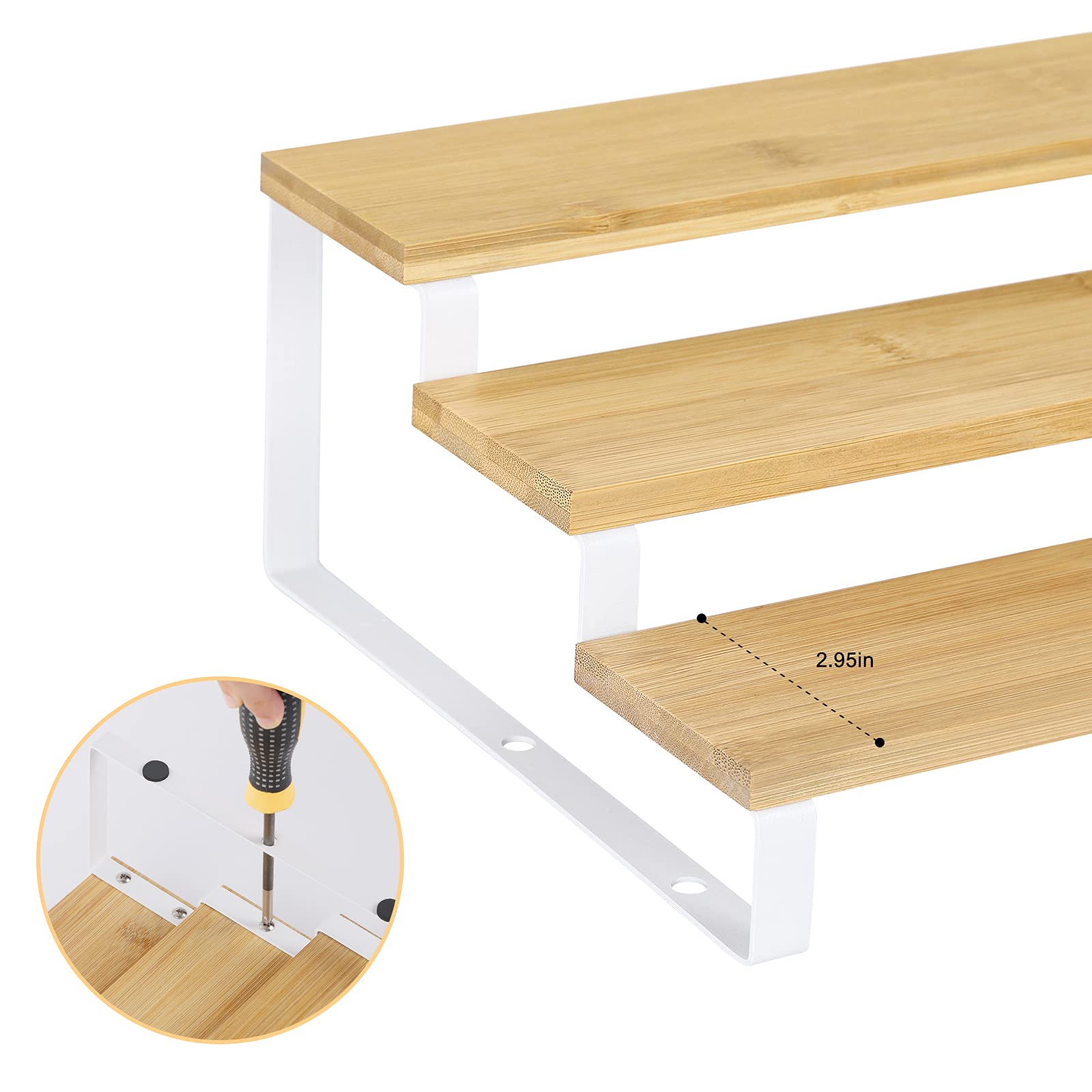 MOOACE Expandable 3-Tier Spice Rack Organizer for Kitchen Cabinet - White & Natural Spice Shelf with Adjustable Shelves (Set of 4) - Perfect for Countertop, Pantry, and Small Space Kitchen Organization