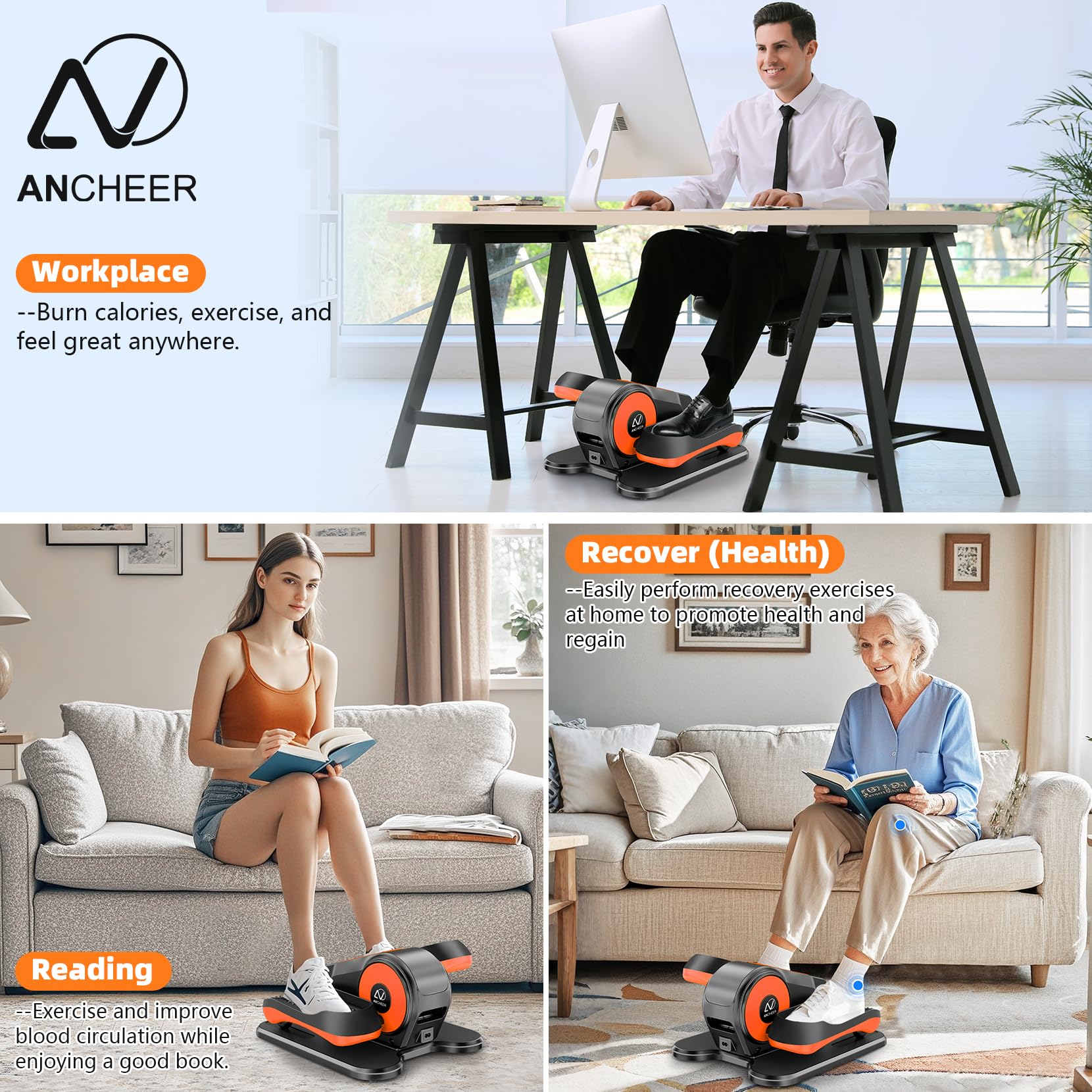 ANCHEER Under Desk Elliptical Machine - 12-Speed Adjustable Quiet Portable Leg Exerciser for Seniors & Office Workers with Remote Control | Home & Office Fitness Equipment for Low-Impact Workouts