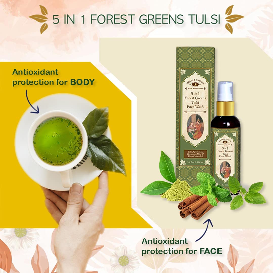 Herbs & Greens Forest Greens Tulsi Face Wash - Anti Acne & Pimple Treatment, Oil Control, Skin Repair & Brightening (200g) | For Oily & Acne-Prone Skin | Daily Cleansing & Purifying