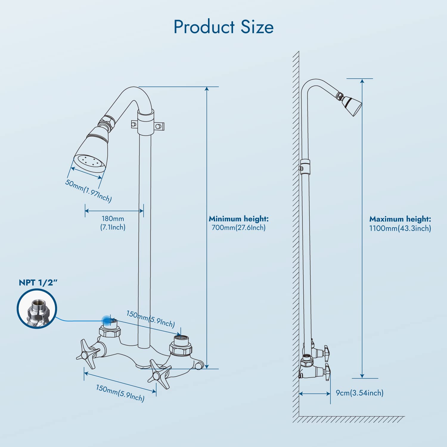 Polished Chrome Outdoor Shower System - Wall Mounted Exposed Shower Kit with Adjustable Slider, Dual Cross Handles & Brass Faucet Mixer Valve - Perfect for Poolside, Garden, Backyard & Beach Showers