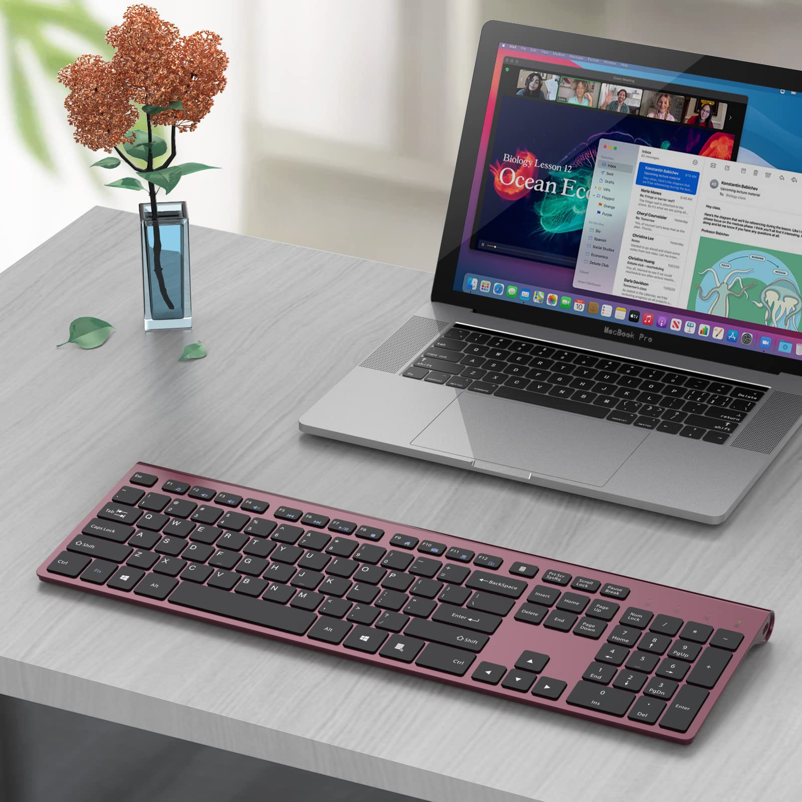Rechargeable Wireless Keyboard - Silent Full Size with Numeric Pad for PC/Laptop/TV (Wine Red) - Home & Office Use