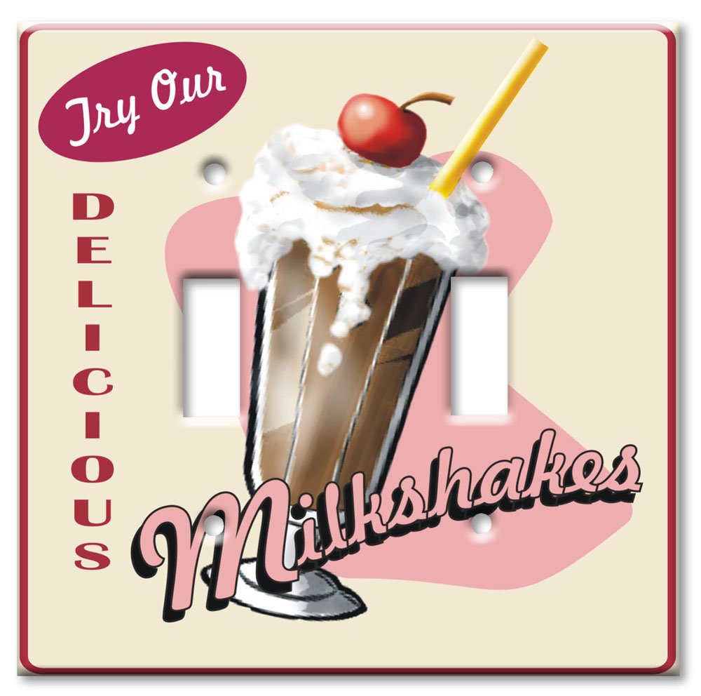 Oversized Double Gang Toggle Switch Plate - Decorative Metal Wall Plate with Milkshake Design - Made in USA - Perfect for Home Decor, Kitchen, and Retro Style Interiors