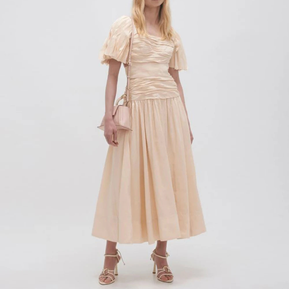 Sexy Backless Summer Dress for Women - Square Collar, Puff Sleeve, High Waist Lace-Up A-Line Dress with Folds | Perfect for Date Night, Parties & Beach Vacations