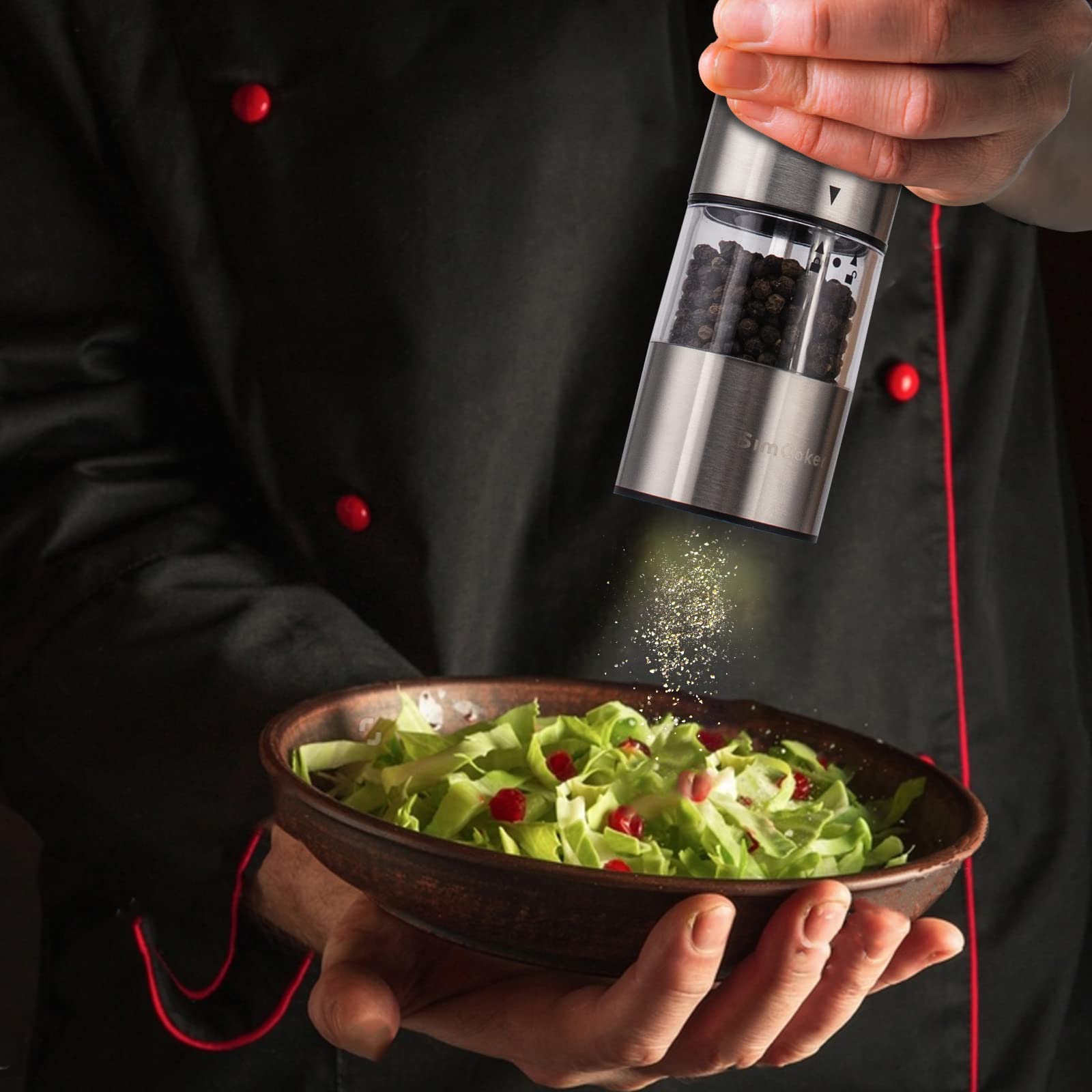 SimCoker Electric Pepper and Salt Grinder Set - Battery Powered Adjustable Coarseness, Automatic Spice Mill for Kitchen, BBQ, Restaurants & Home Cooking - Perfect for Seasoning Meats, Salads & Gourmet Dishes