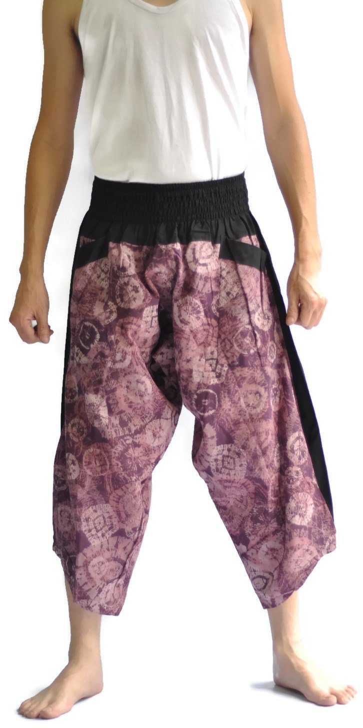 Thai Fisherman Pants - Black & Violet Floral Design, Comfortable Cotton Harem Pants for Yoga, Meditation, Beach & Boho Fashion