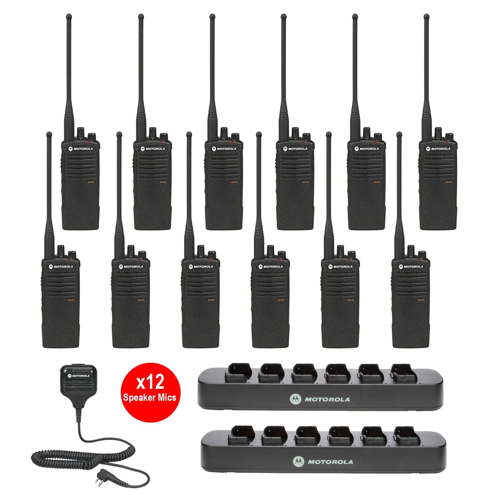 Motorola RDU4100 12-Pack Two-Way Radio Bundle with Multi-Unit Chargers & Speaker Microphones - Perfect for Construction, Events & Emergency Communication