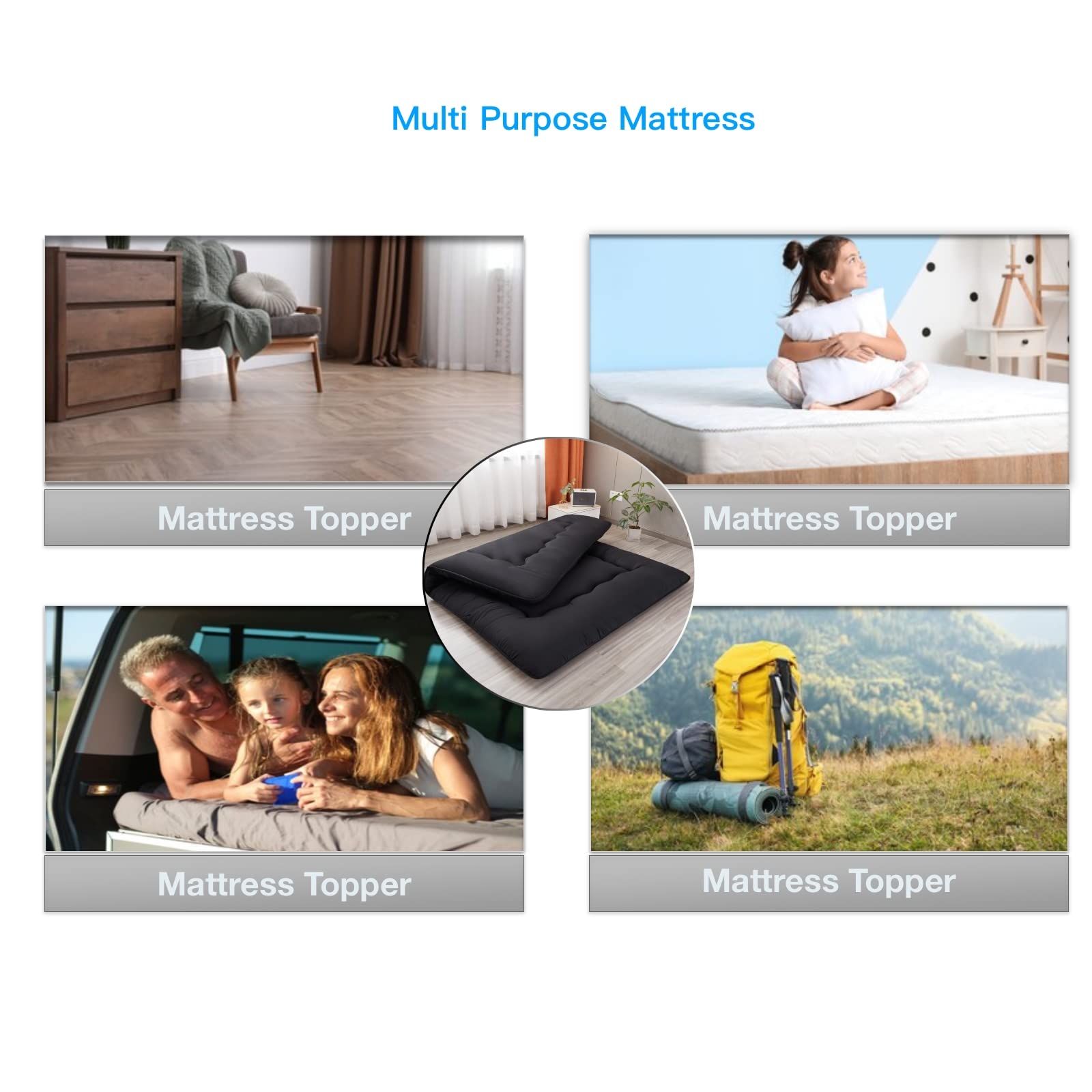 Japanese Floor Futon Mattress - Thick Foldable Tatami Sleeping Pad for Kids & Adults, Washable Cover - Black Queen Size for Dorm, Bedroom, or Guest Room