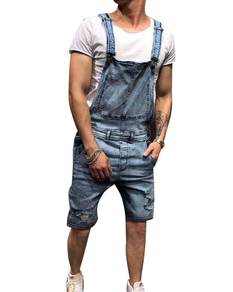 GUOCU Men's Ripped Distressed Denim Dungaree Shorts - Bib Overalls Jumpsuit for Casual Wear | Perfect for Summer Outfits, Street Style & Music Festivals