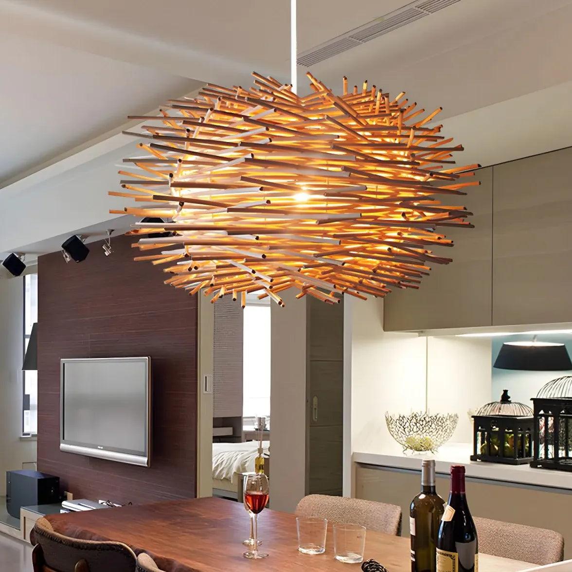 Modern Wooden Stick Spherical Pendant Light - Handcrafted Rattan Chandelier for Dining Room, Kitchen Island & Bedroom Lighting - Eco-Friendly Natural Wood Ceiling Lamp