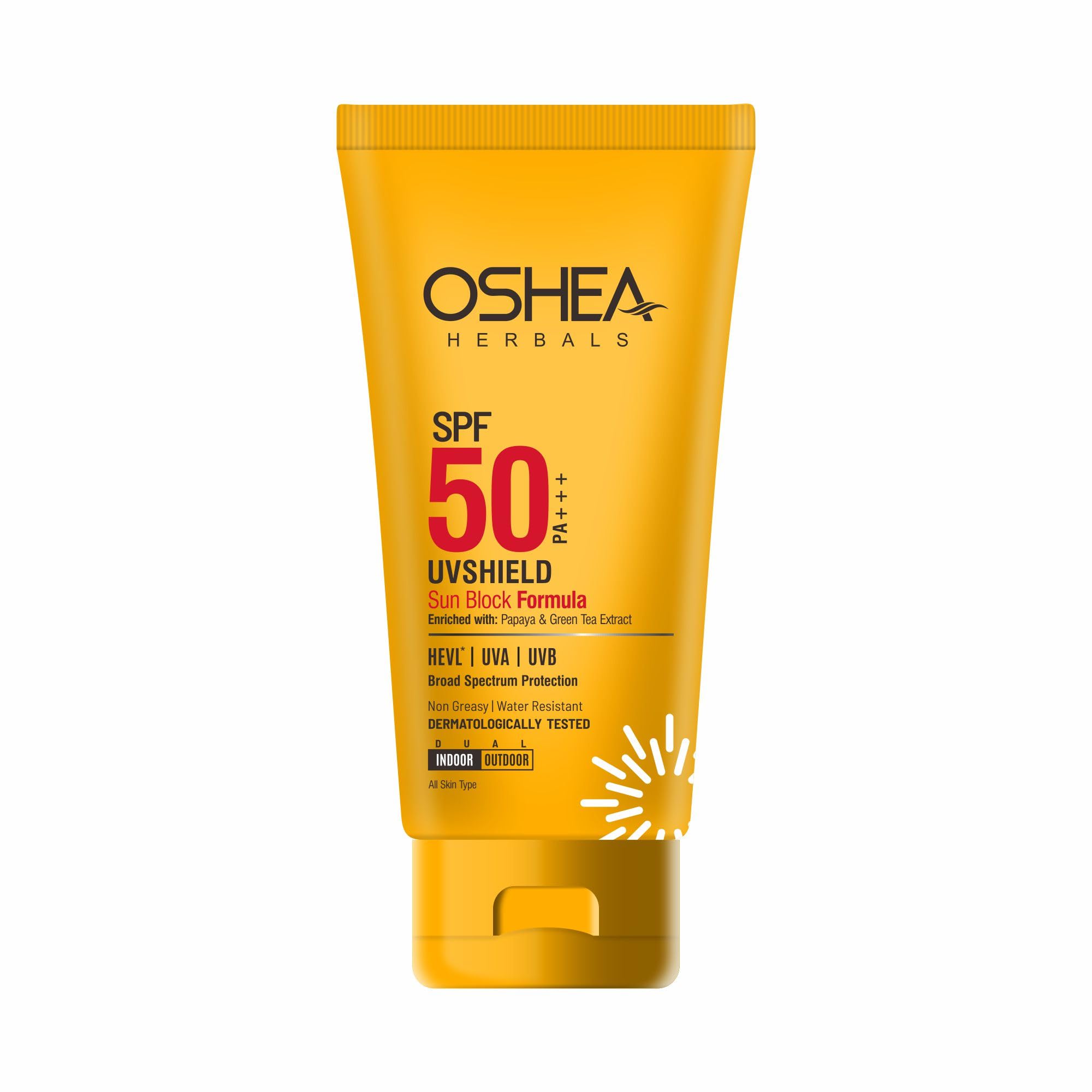 Oshea Herbals UVShield SPF 50 PA+++ Sunscreen - Broad Spectrum UVA & UVB Protection for Face & Body | Water Resistant, Non-Greasy Formula with Papaya & Green Tea Extract | Ideal for Outdoor Activities, Beach & Daily Use - 60g