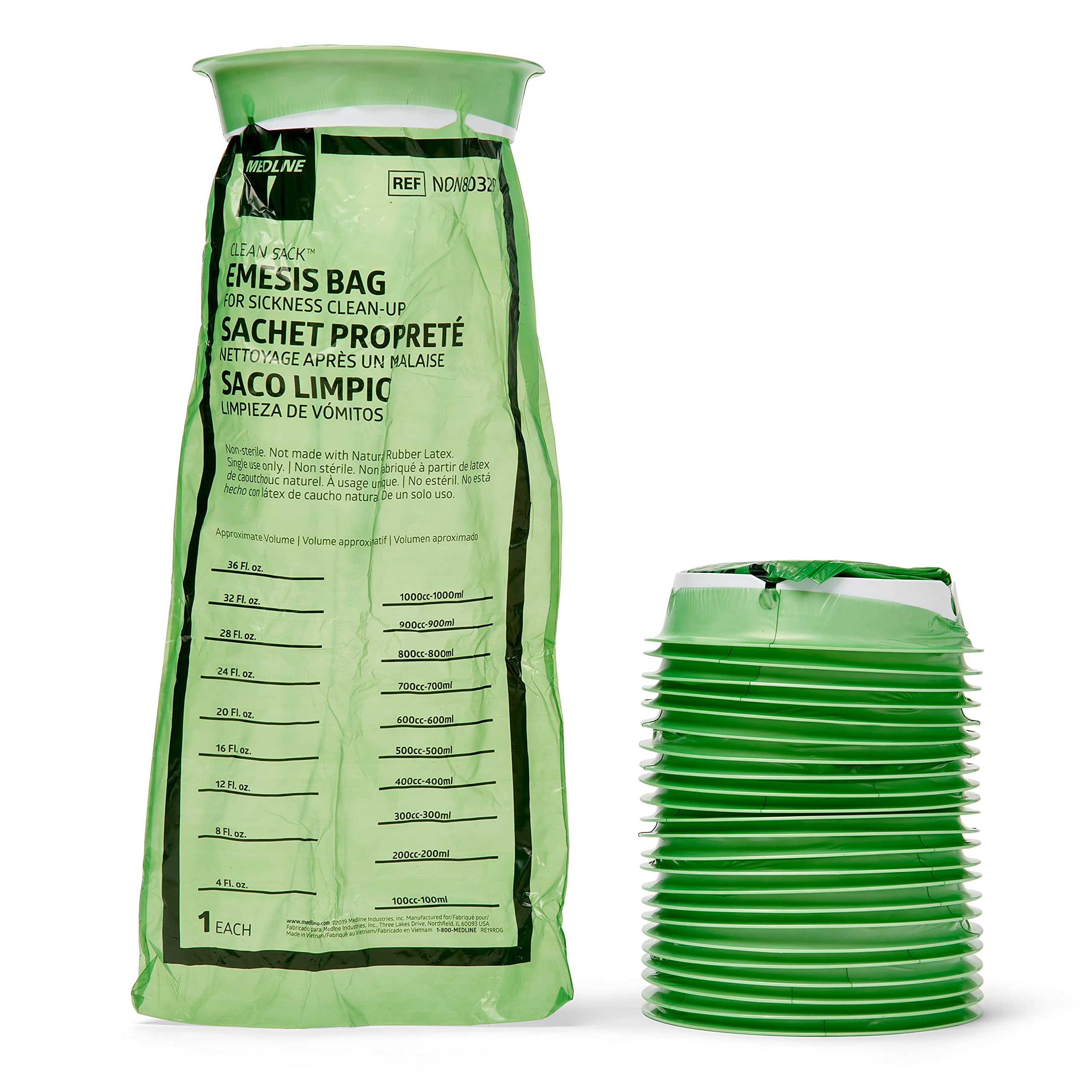 Medline Green Disposable Vomit Bags with Graduated Markings - 144 Count Case for Motion Sickness, Travel & Emergency Use in Cars, Boats, Planes & Urgent Care Facilities