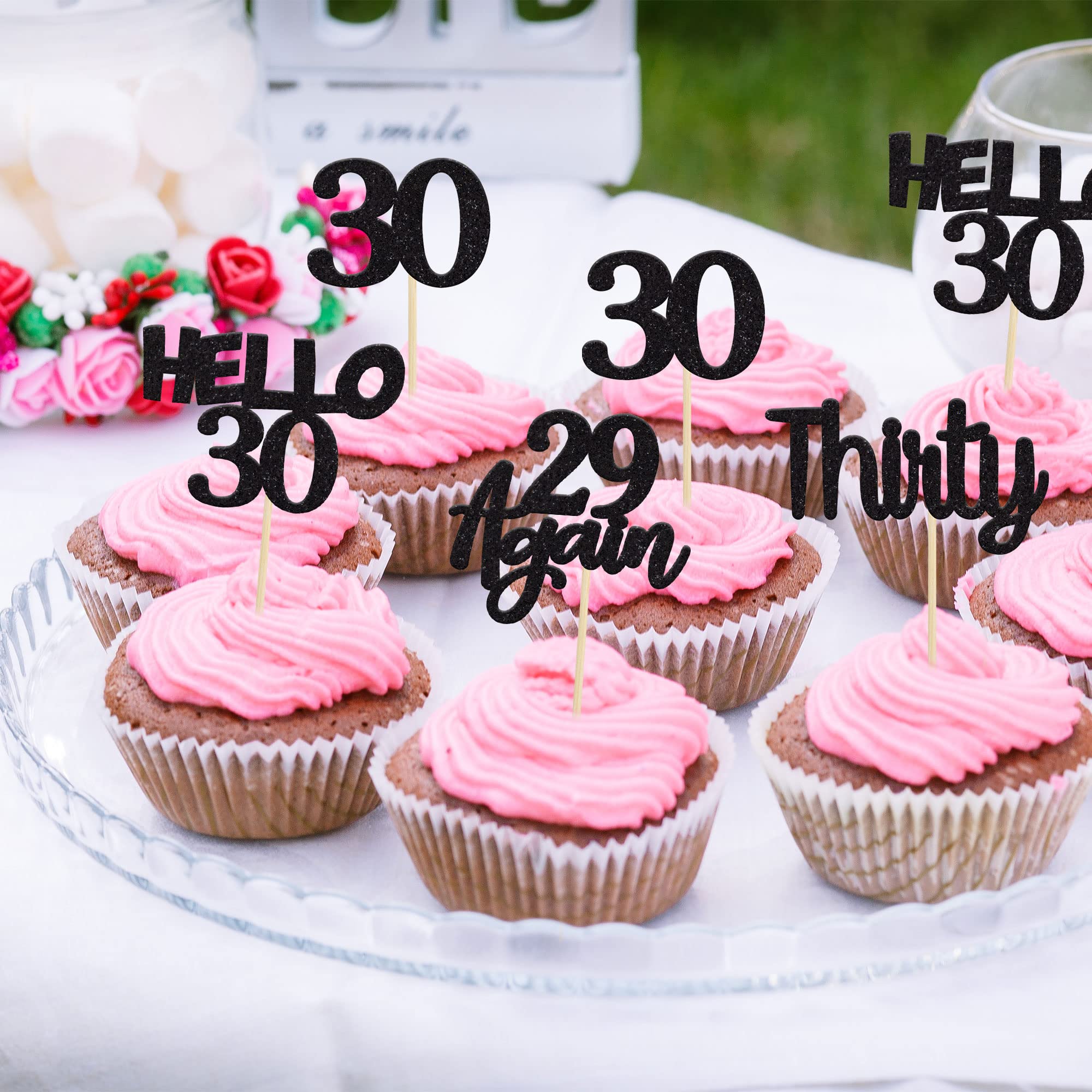 24Pcs Black Glitter 30th Birthday Cupcake Toppers - Hello 30 Cake Decorations - Again 29 Thirty Cupcake Picks for 30th Birthday Party Supplies - Perfect for Milestone Celebrations, Anniversary Cakes & Dessert Table Decor