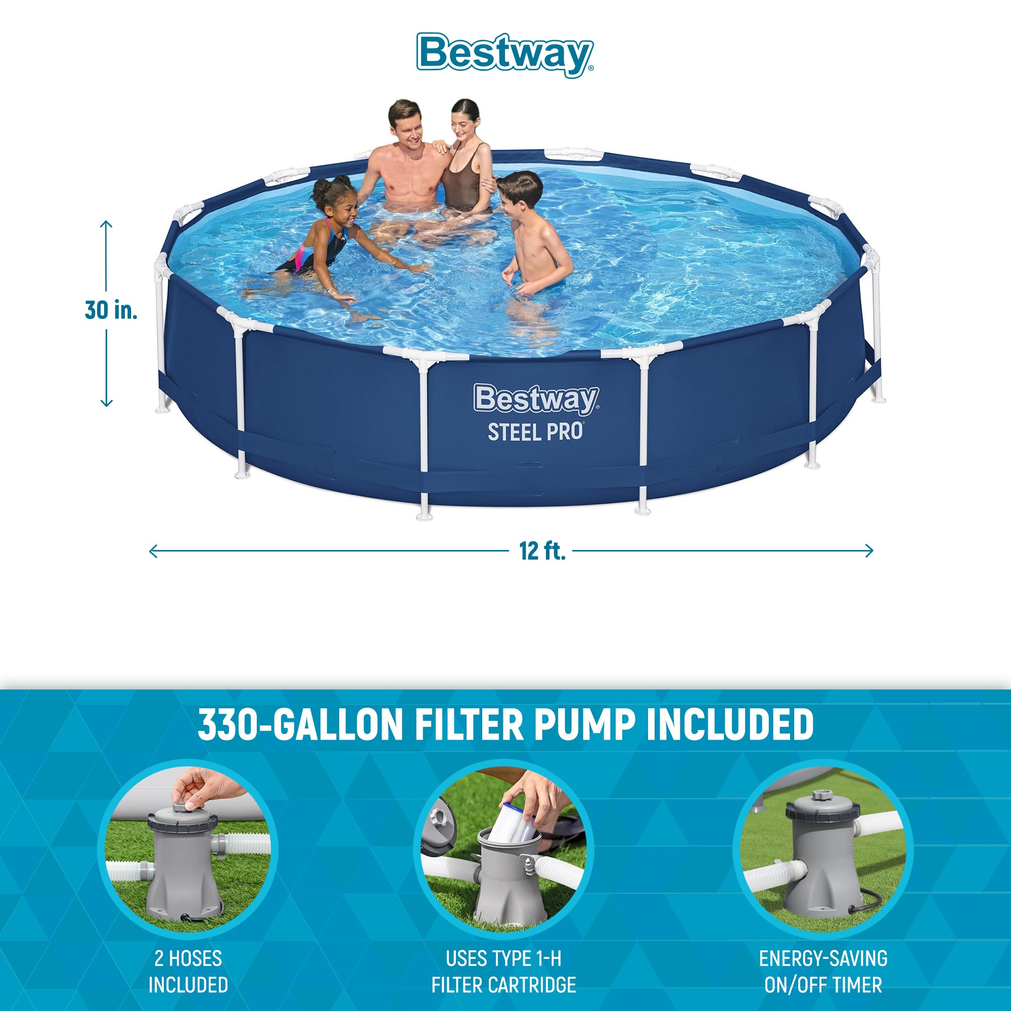 Bestway Steel Pro 12ft x 30in Round Above Ground Swimming Pool Set - 1,710 Gallon Capacity with DuraPlus Liner, 530GPH Filter Pump & Repair Patch | Perfect for Backyard Family Fun, Summer Parties & Outdoor Relaxation