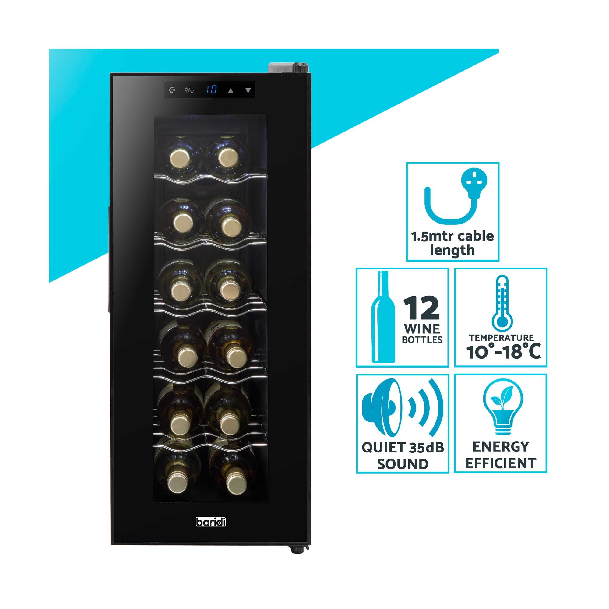 Baridi 12 Bottle Wine Cooler Refrigerator - Ultra Quiet 25dB, Touch Control, LED Display, Black (DH73) - Perfect for Home, Office, or Wine Cellar Storage