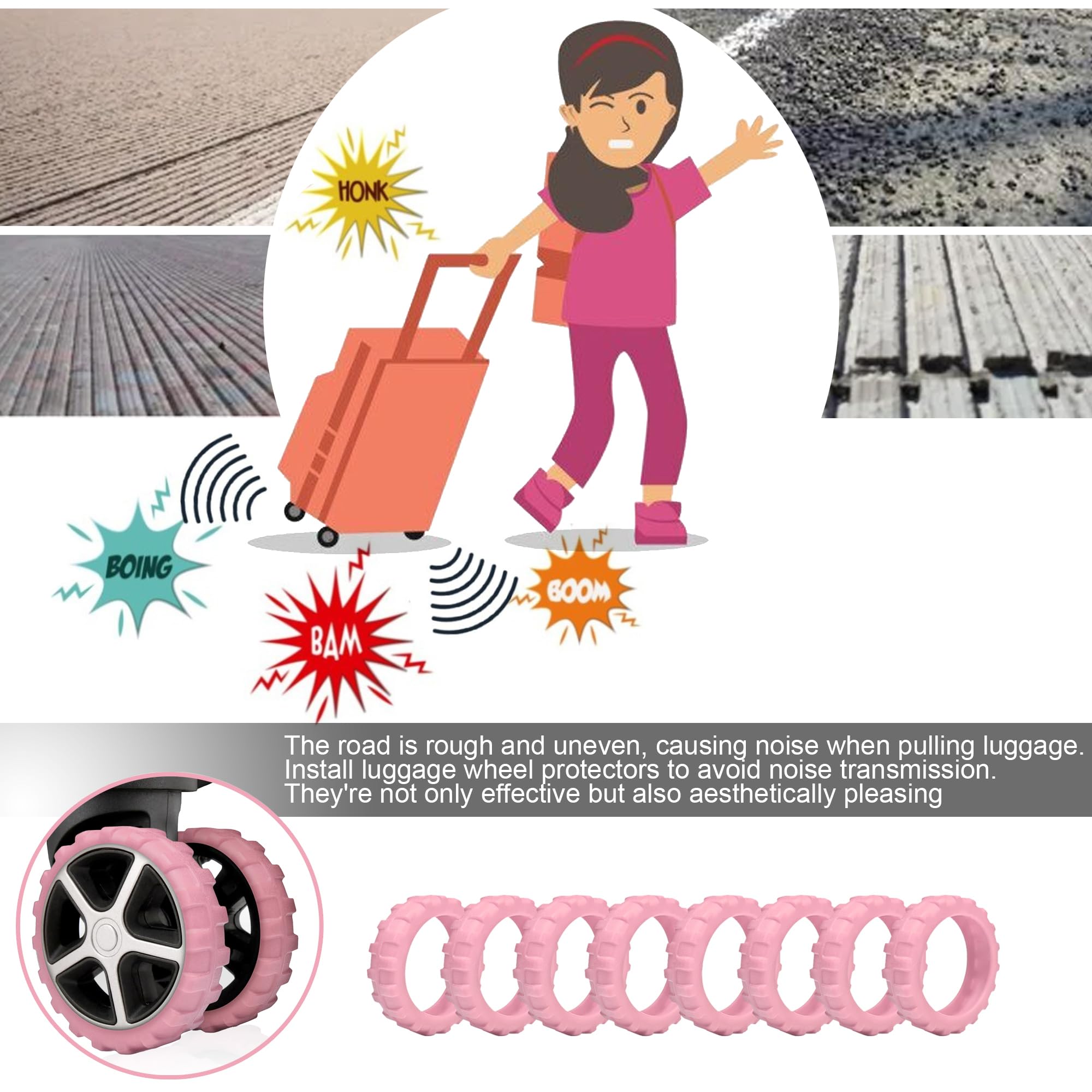 8 Pack Silicone Luggage Wheel Covers for 8-Spinner Suitcases - Noise Reducing & Shock Absorbing Travel Accessories (Pink) - Perfect for Airports, Business Trips and Family Vacations