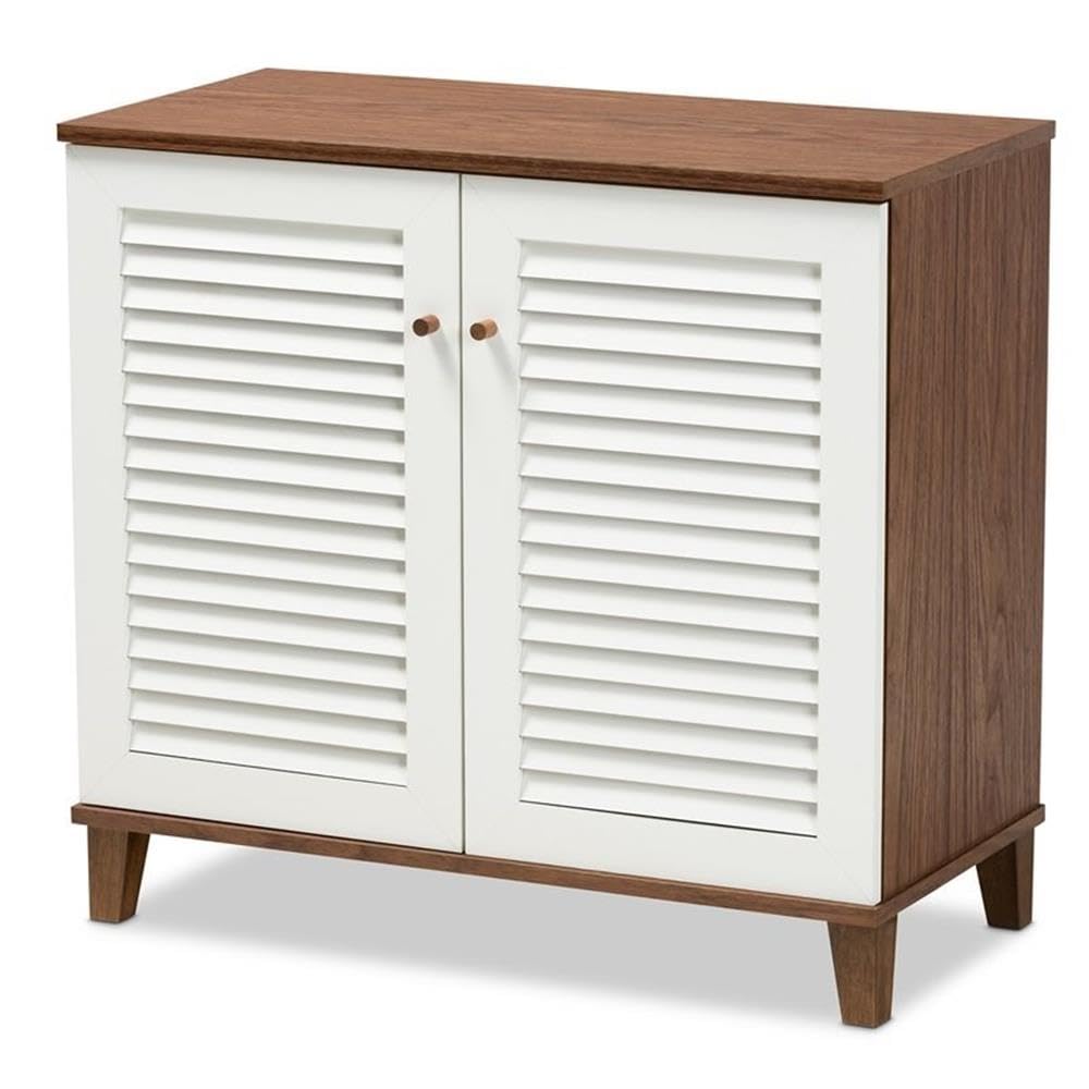 BOWERY HILL Modern 2-Door Shoe Cabinet - White & Walnut Shoe Storage Organizer Holds 12 Pairs - Perfect for Entryway, Bedroom or Closet Organization