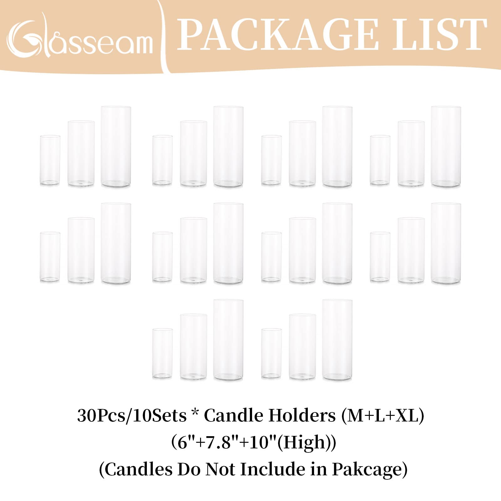 Glasseam Hurricane Glass Candle Holders - Set of 30 Clear Cylinder Vases for Weddings, Parties & Christmas Decor | Bulk Pillar Candle Holders for Table Centerpieces, Home Decor & Holiday Displays