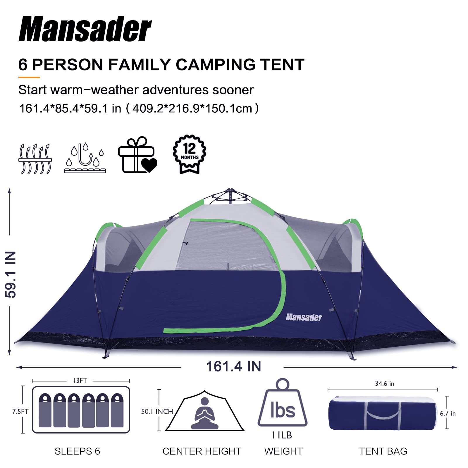 6 Person Family Camping Tent - Waterproof Windproof Outdoor Tent with Top Rainfly - Easy Setup Pop Up Tent for Camping, Hiking & Travel - Perfect for Family Adventures, Backpacking Trips & Outdoor Exploration