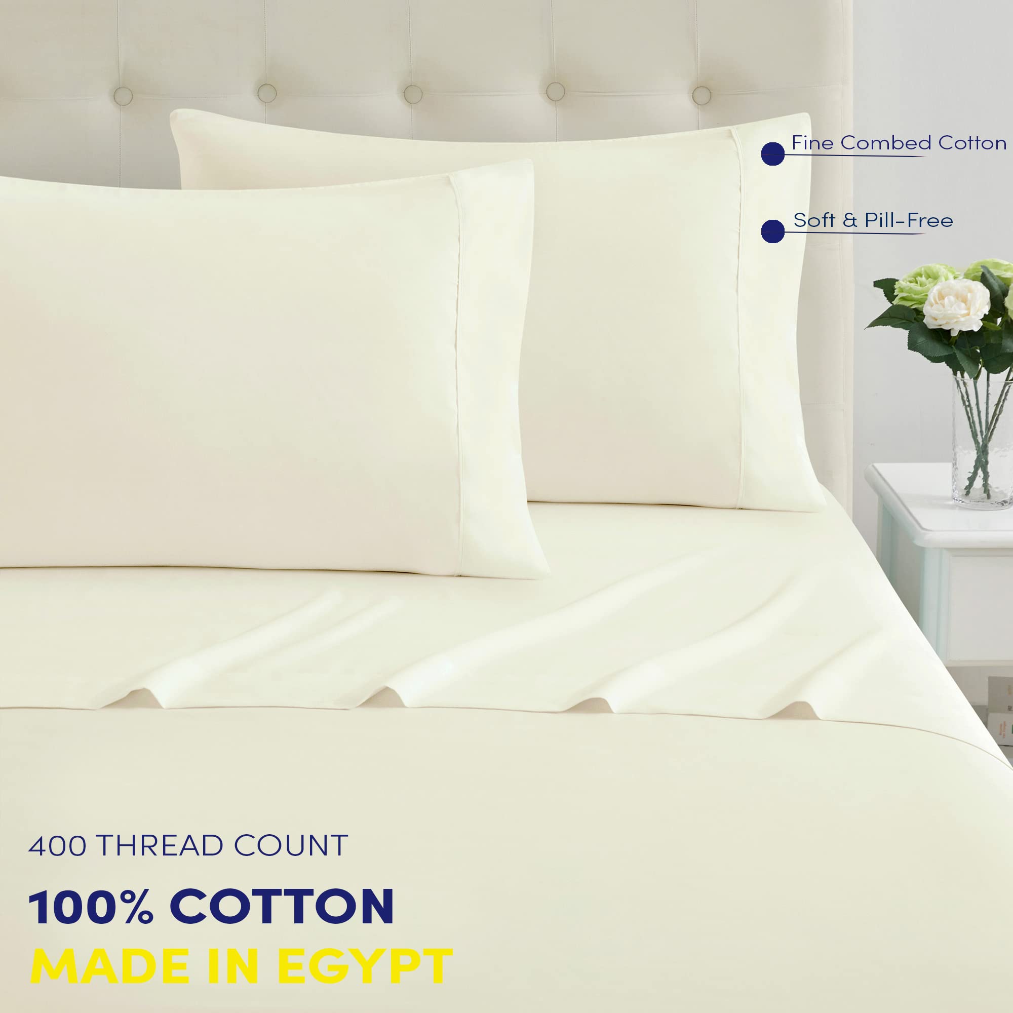Egyptian 100% Cotton Full Size Sheets Set - 400 Thread Count, Ultra Soft 4-Piece Bedding (Fitted Sheet, Flat Sheet & 2 Pillowcases) - Breathable & Durable for Full Size Beds - Perfect for Home, Hotel, or Guest Room - Ivory