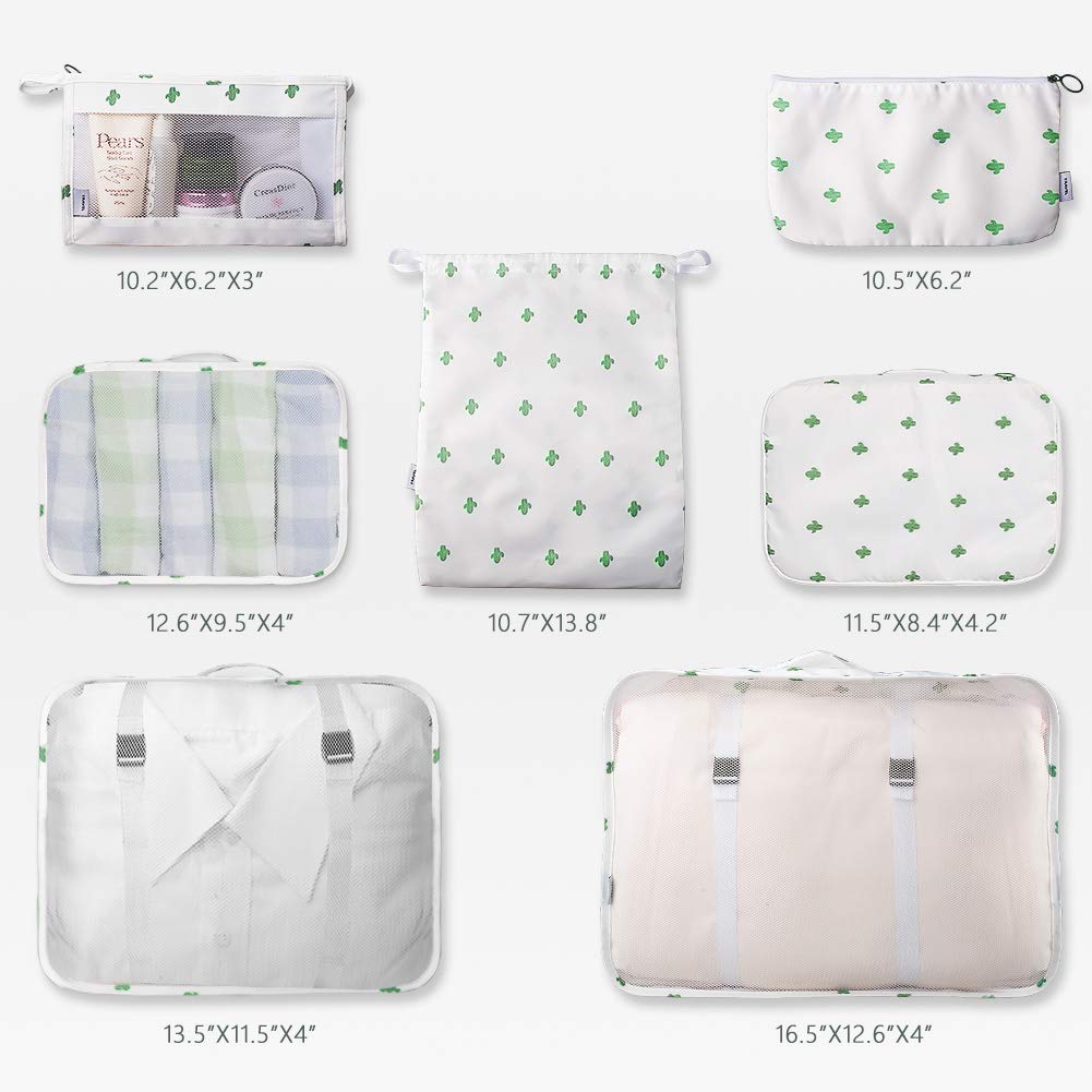7-Piece Travel Packing Cubes Set with Toiletry Bag - White Cactus Design | Space-Saving Luggage Organizers for Suitcases, Backpacks & Carry-Ons | Perfect for Business Trips, Vacations & Weekend Getaways