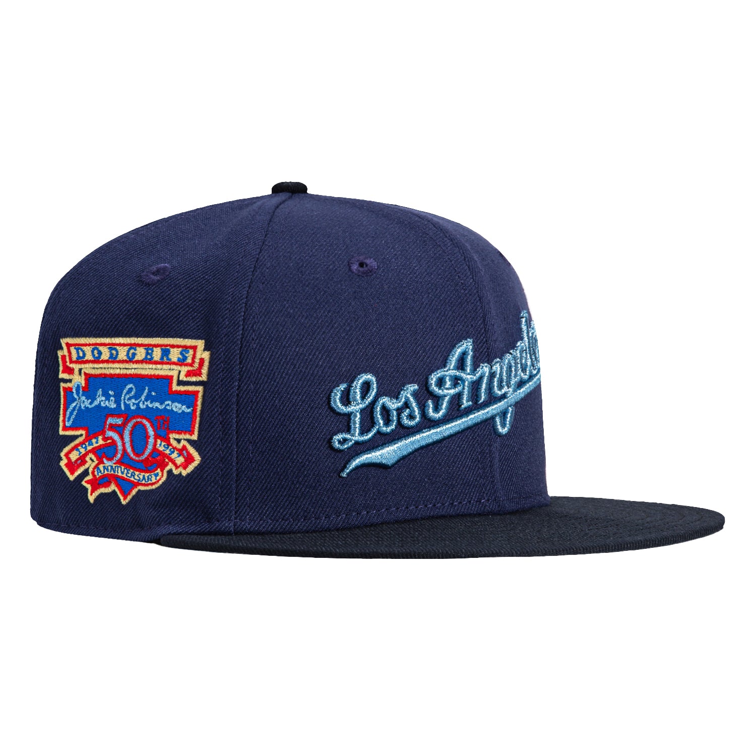 New Era 59Fifty Los Angeles Dodgers Jackie Robinson 50th Anniversary Patch Script Hat - Light Navy & Navy Baseball Cap for Men & Women - Perfect for Baseball Games, Fan Collections, and Casual Streetwear