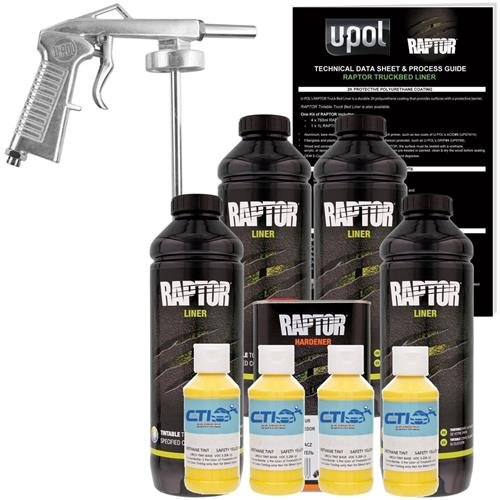 U-POL Raptor Safety Yellow Urethane Truck Bed Liner Kit - 4L Textured Spray Coating with Free Spray Gun | Durable Protection for Pickup Trucks, Trailers & Off-Road Vehicles | DIY Application for Rust Prevention & Surface Protection