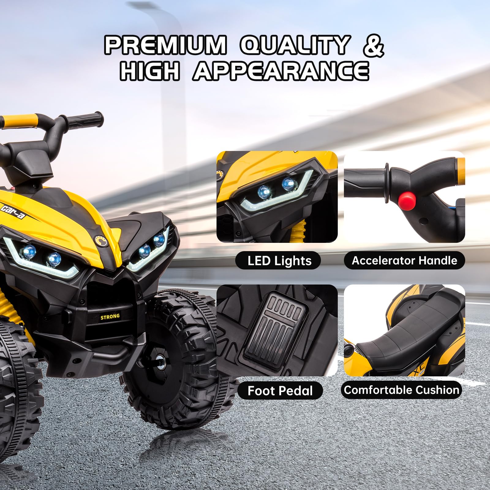 12V Kids Electric ATV Ride-On Toy - 4 Wheeler Battery Powered Quad Vehicle with Music, Horn, LED Lights & Dual Speed - Safe Soft Start for Boys & Girls Ages 3-8 - Perfect Birthday Gift & Outdoor Play Toy (Yellow)