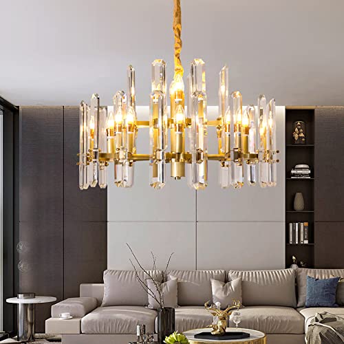 Siljoy Modern Gold Round Chandelier - 8+4 Lights Crystal Flush Mount LED Dimmable Ceiling Light Fixture (25.6 Inch Diameter) for Dining Room, Living Room, Bedroom & Foyer | Elegant Home Lighting Decor