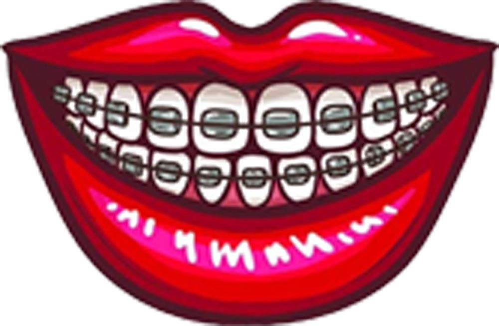 Cartoon Red Lip with Teeth Emoji Vinyl Sticker - 4 Inch Wide Funny Braces Face Decal for Laptops, Water Bottles & DIY Crafts