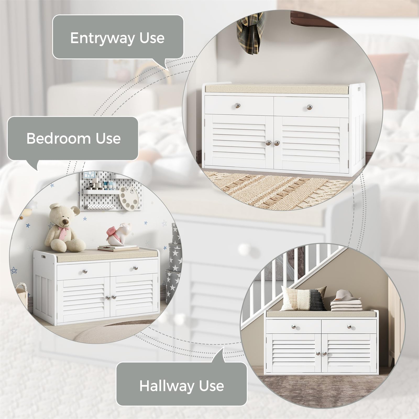 White Shoe Storage Bench with 2 Drawers & 2 Doors - Entryway Bench with Cushion & Adjustable Shelves - Multifunctional Shoe Cabinet for Entryway, Living Room, Hallway, Mudroom, Bedroom - Perfect for Organizing Shoes, Hats & Home Decor Items
