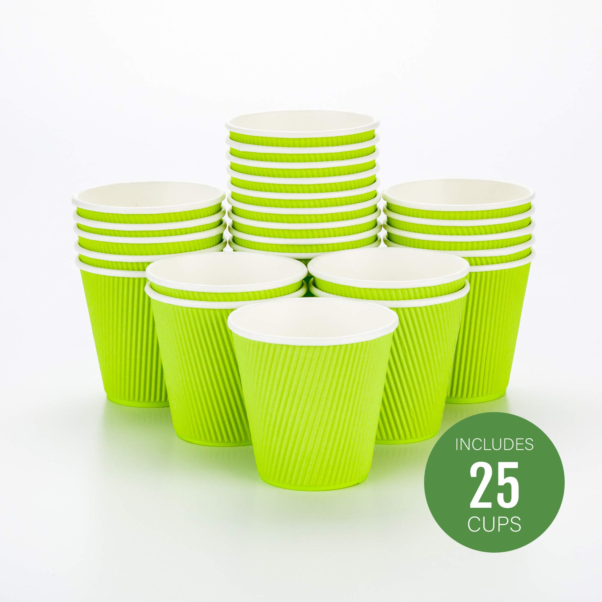 8 oz Disposable Coffee Cups - 25 Pack Double Wall Hot Paper Cups with Rippled Design, Light Green | Eco-Friendly & Leak-Resistant for Coffee, Tea, Hot Chocolate | Perfect for Cafes, Offices & Home Use