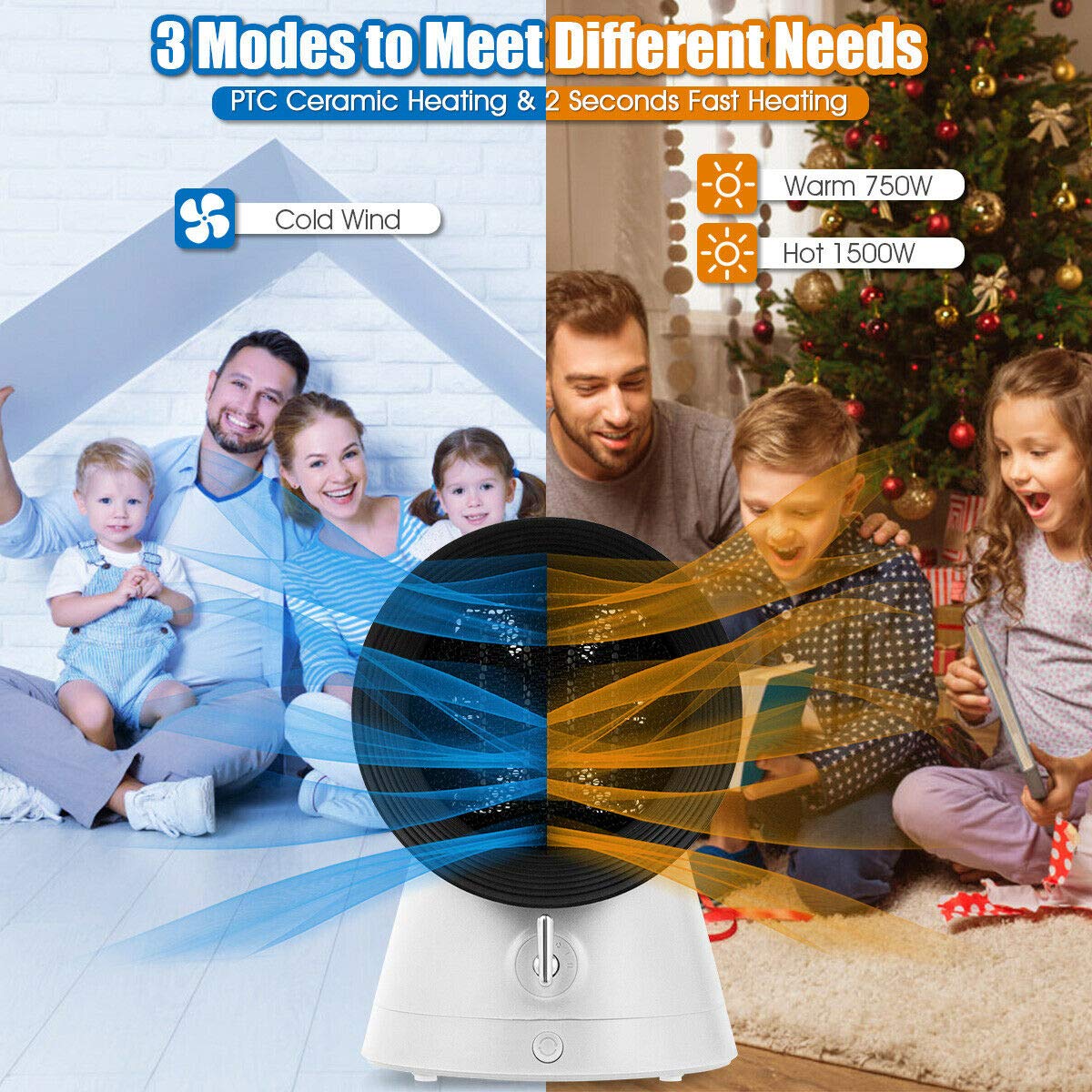COSTWAY 2-in-1 Mini Electric Space Heater & Cooling Fan - 1500W Portable Ceramic Heater with 3 Modes, 2-Second Fast Heating, Overheat & Tip-Over Protection - Perfect for Home, Office, Bedroom, and Small Spaces (Desktop Design)