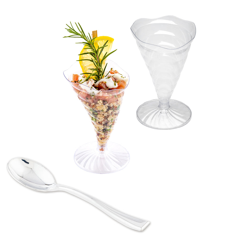 100-Pack 3 oz Clear Plastic Nautilus Appetizer Cones with 100 Silver Mini Spoons - Perfect for Parties, Weddings, Catering & Dessert Serving