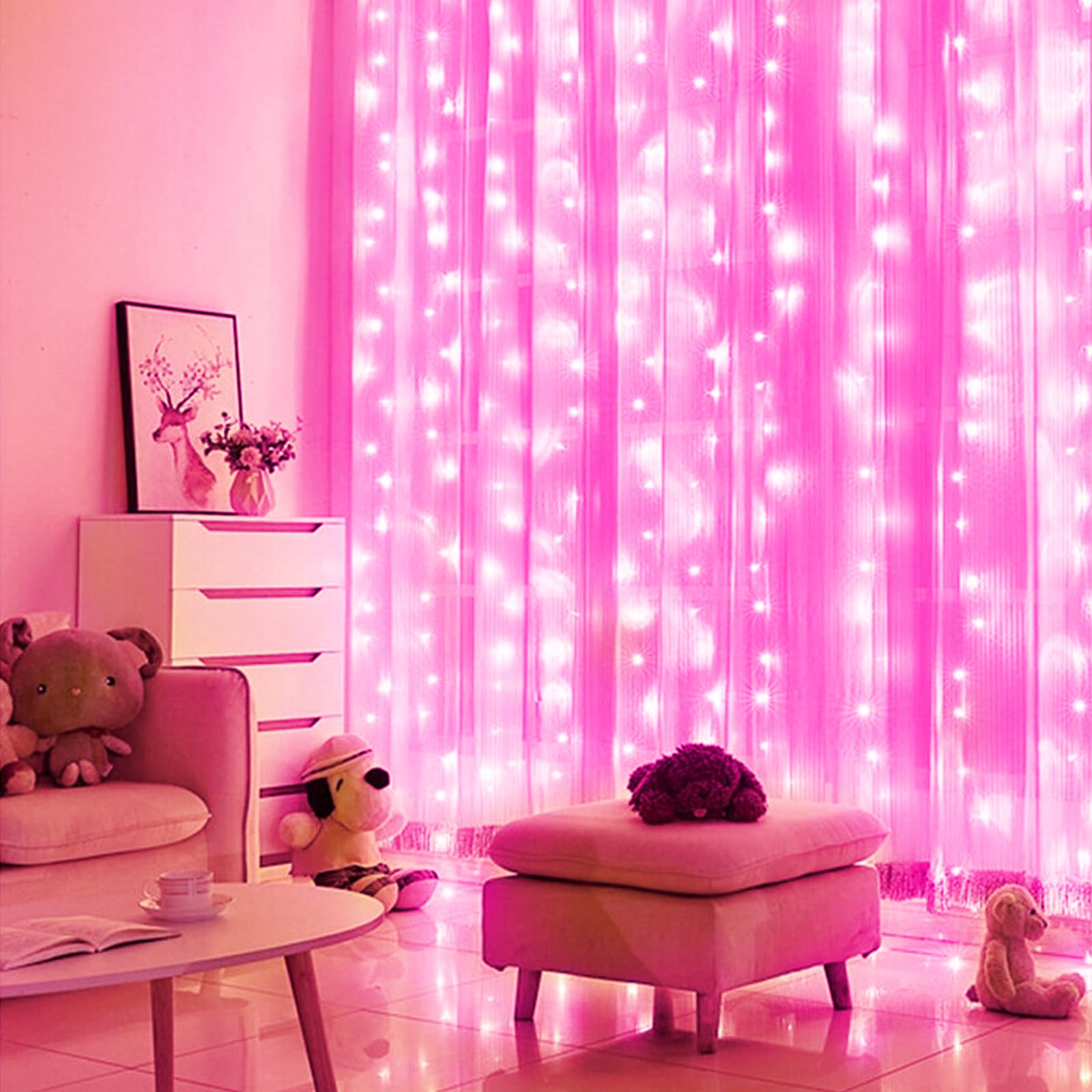 Brightown 300 LED Fairy Curtain Lights - 9.8ft Connectable String Lights with Remote Control, 8 Lighting Modes, Waterproof for Indoor & Outdoor Use - Perfect for Bedroom Decor, Window Hanging, Valentine's Day, Christmas Party, Wedding & Holiday Decorations (Pink)