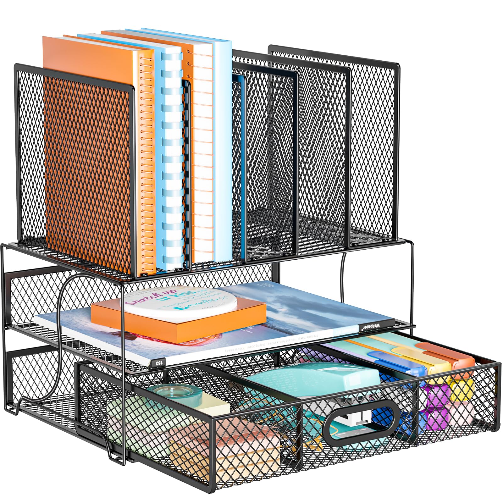 WALI 5 Grid Mesh Letter Tray Desk Organizer with Drawer - Black File Holder & Office Storage Solution for Home & Workspace | Perfect for Mail Sorting, Document Organization & Office Supplies Management (DO004-B)