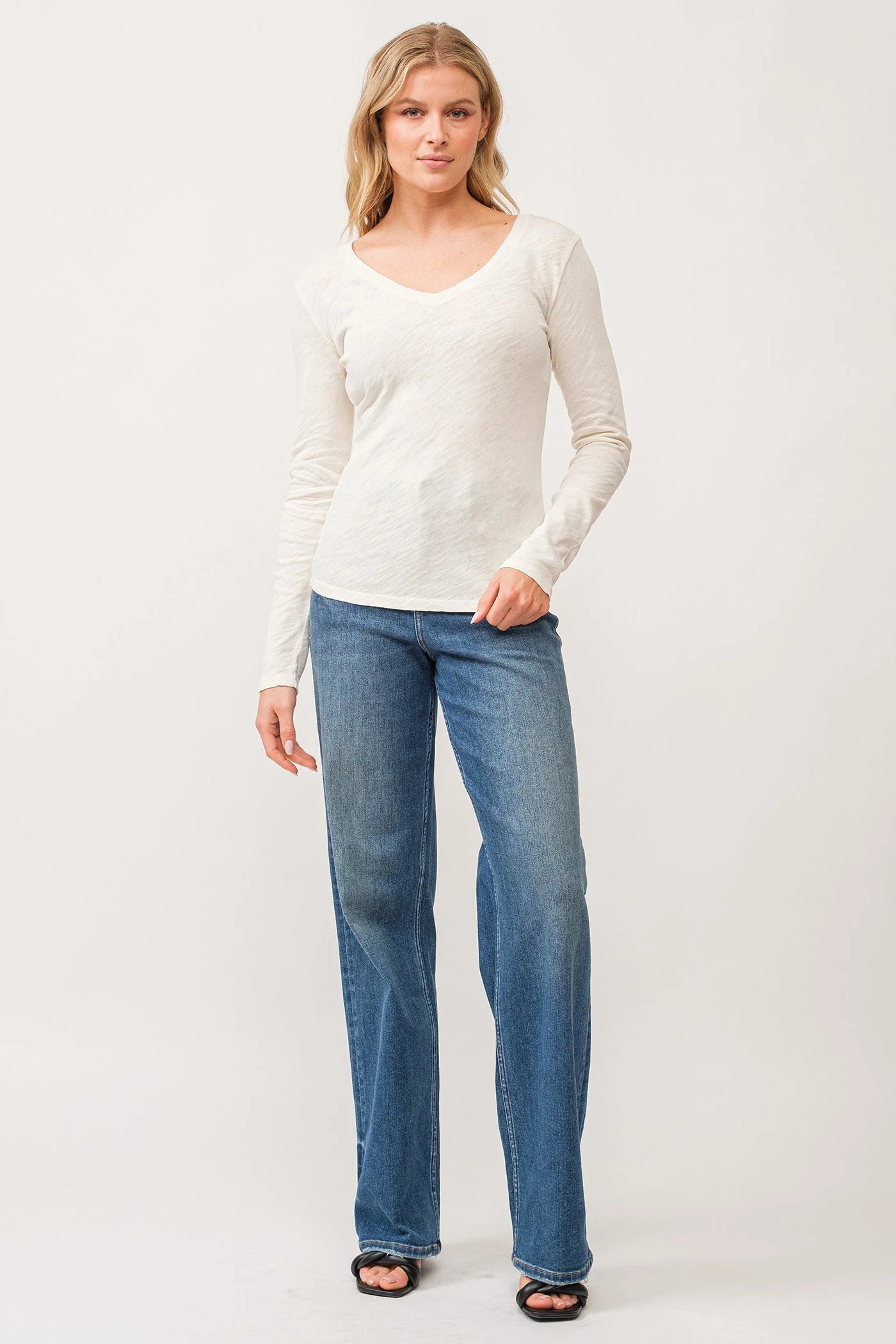 Alina V Neck Long Sleeve T-Shirt for Women - Soft Cotton Casual Top in Antique White | Perfect for Everyday Wear, Office & Date Night Outfits