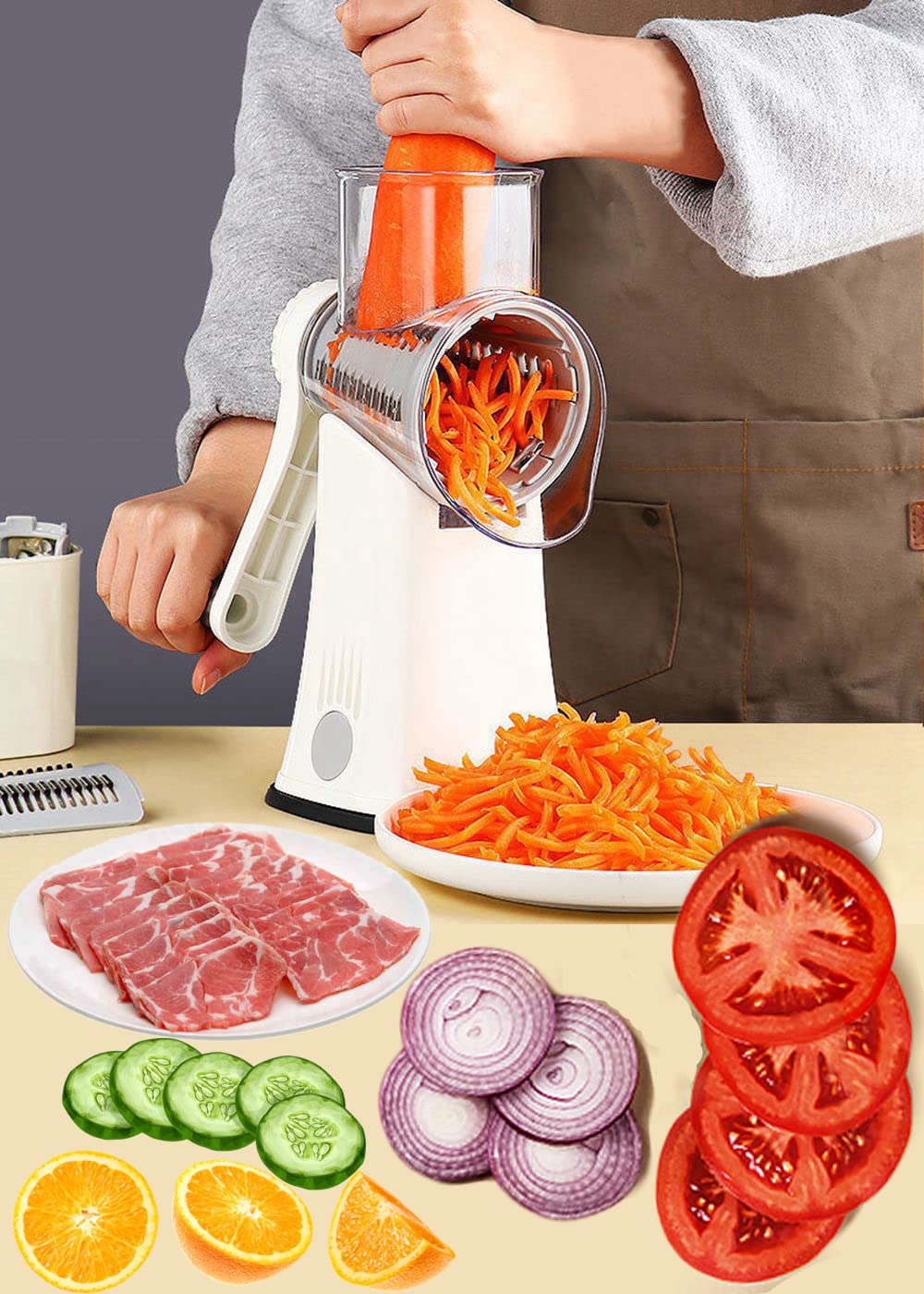 ABHILWY 5-in-1 Rotary Cheese Grater & Vegetable Chopper - Stainless Steel Drum Blades for Kitchen - Manual Round Mandoline Slicer for Cheese, Potatoes, Fruits, Nuts & Onions - Perfect for Meal Prep, Salads & Cooking
