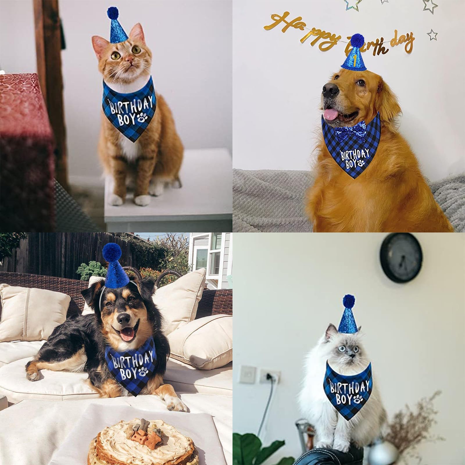 3pcs Dog Birthday Bandana, Bow Tie & Hat Set - Plaid Pet Party Outfit for Dogs & Cats - Reusable Birthday Party Supplies for Puppy & Kitten Celebrations (Perfect for Birthday Photos, Pet Costume Parties & Holiday Dress-Up)
