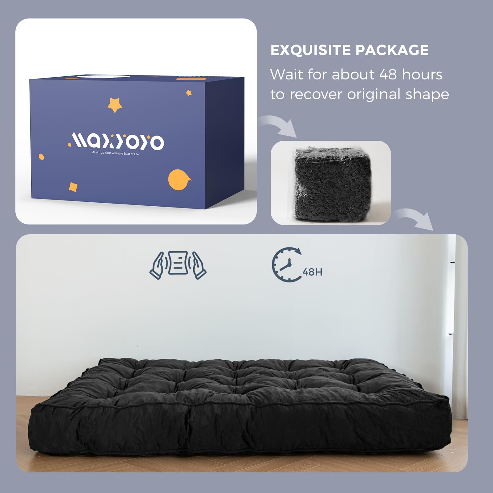 MAXYOYO 8-Inch Thick Velvet Tufted Futon Mattress for Sofa Bed - Luxurious Comfort for Adults (Mattress Only, Black) - Perfect for Small Spaces, Guest Rooms & Studio Apartments