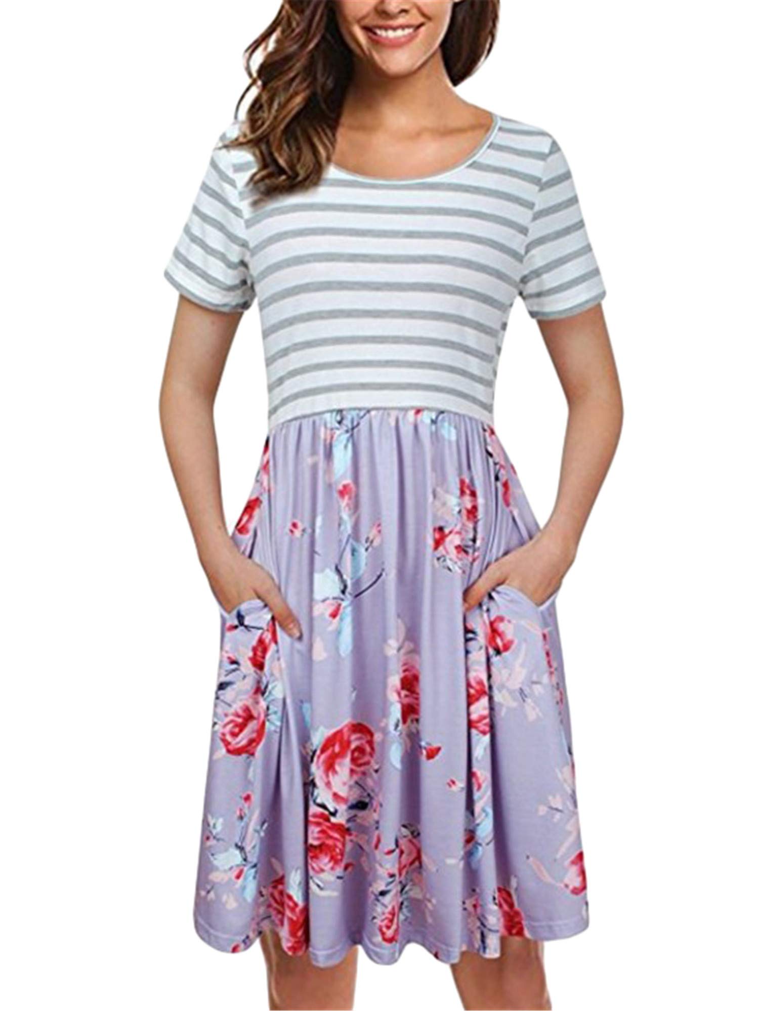Andongnywell Women's Floral Striped Short Sleeve Swing Dress with Pockets - Casual Summer Scoop Neck Dress for Beach, Vacation & Everyday Wear