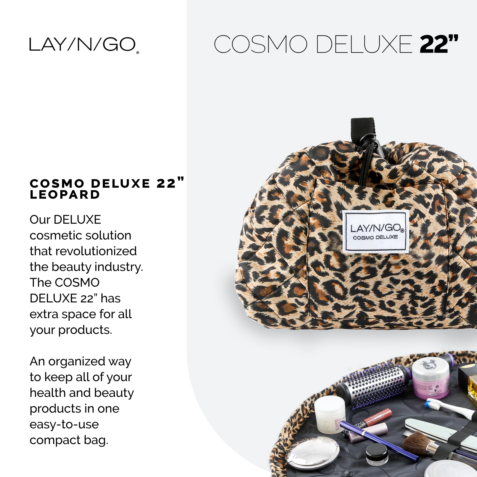 Lay-n-Go Cosmo Drawstring Cosmetic & Makeup Bag Organizer with Zipper Pocket & Makeup Loops - Durable Machine Washable Travel Makeup Pouch (22 Inches, Leopard Print) - Perfect for Travel, Gym & Daily Organization