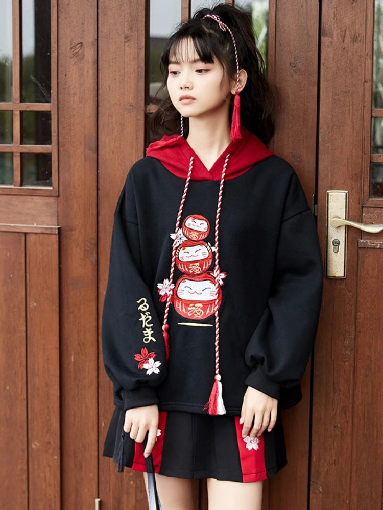 Black Fleece Hooded Sweatshirt for Women - Harajuku Style Oversized Pullover with Chinese Embroidery | Winter Warm Fleece Hoodie | Perfect for Casual Wear, Street Fashion and Cold Weather Outfits