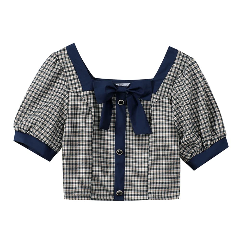 ZLDGYG ZMMDD Women's Summer 2021 Square Neck Bowknot Patchwork Plaid Short Sleeve Shirt Top - Size S, Color A | Casual Outfit, Office Wear & Summer Fashion
